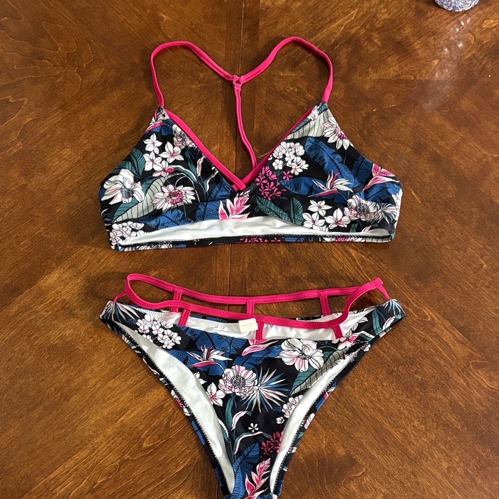 Floral Bikini Set with Pink Straps